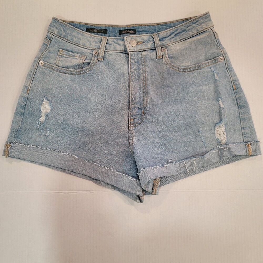 Womens Super-High Rise Cuffed Blue Jean Denim Shorts Size 8/R Distressed Raw Hem